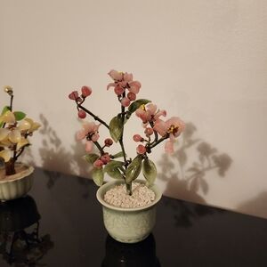 Pink & Jade Glass Floral Tree In A Lovely Ceylon Green Pot - 8 1/2" T